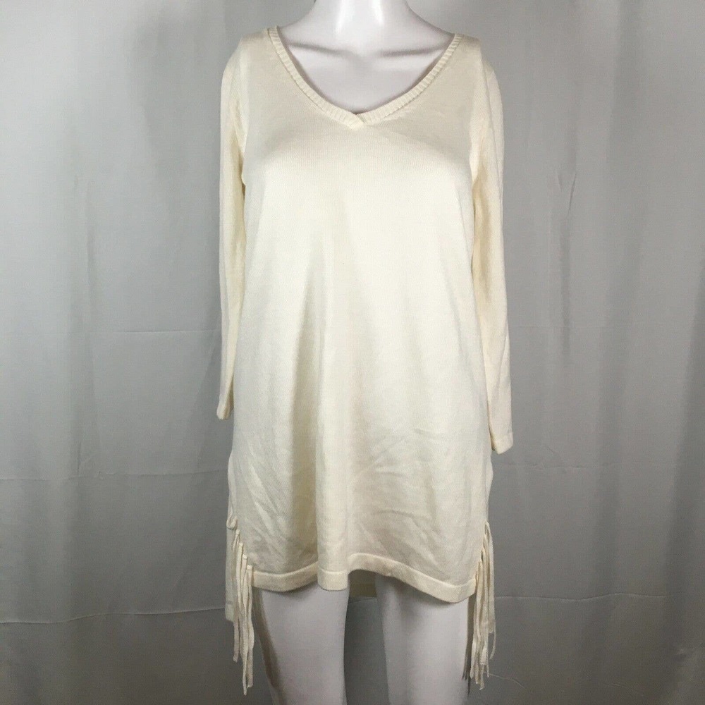 The Limited Sweater Womens Sz S Ivory‎ Side Tassled V-Neck Tunic Long Sleeve